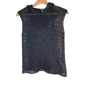 DKNY Women's Size SP Black Cotton Mesh Knit Hooded Rolled Hem Pullover Vest *